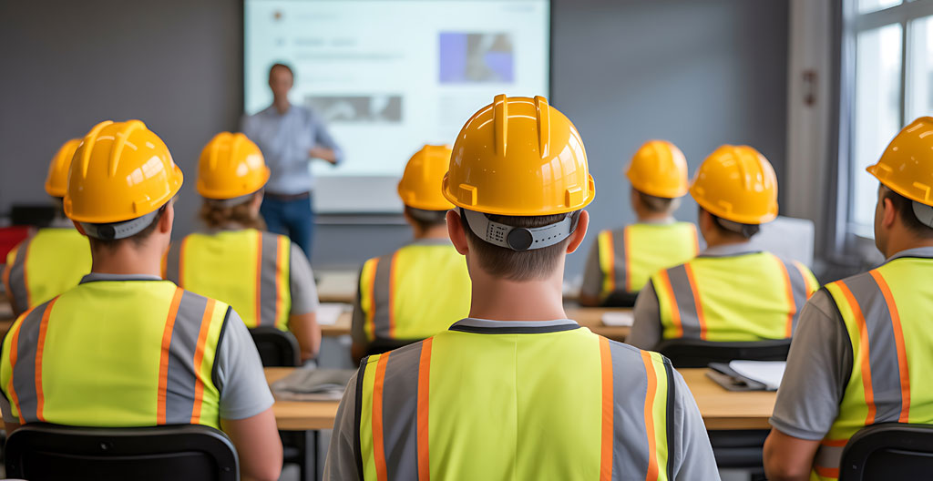 Formation SST en entreprise avec formateur présentant différents supports pédagogiques à des stagiaires en tenue de travail
