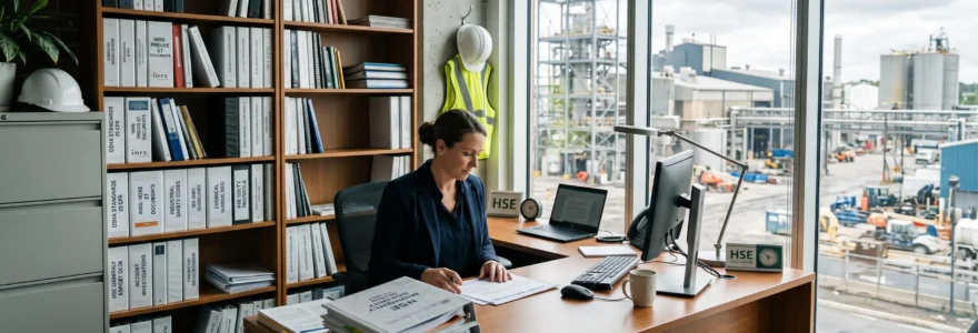 Bureau de responsable HSE avec étagères de manuels de sécurité, documentation INRS et classeurs réglementaires dans un environnement industriel contemporain