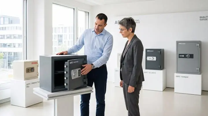 Conseiller en sécurité présentant différents modèles de coffres-forts à une cliente professionnelle dans un showroom spécialisé lumineux