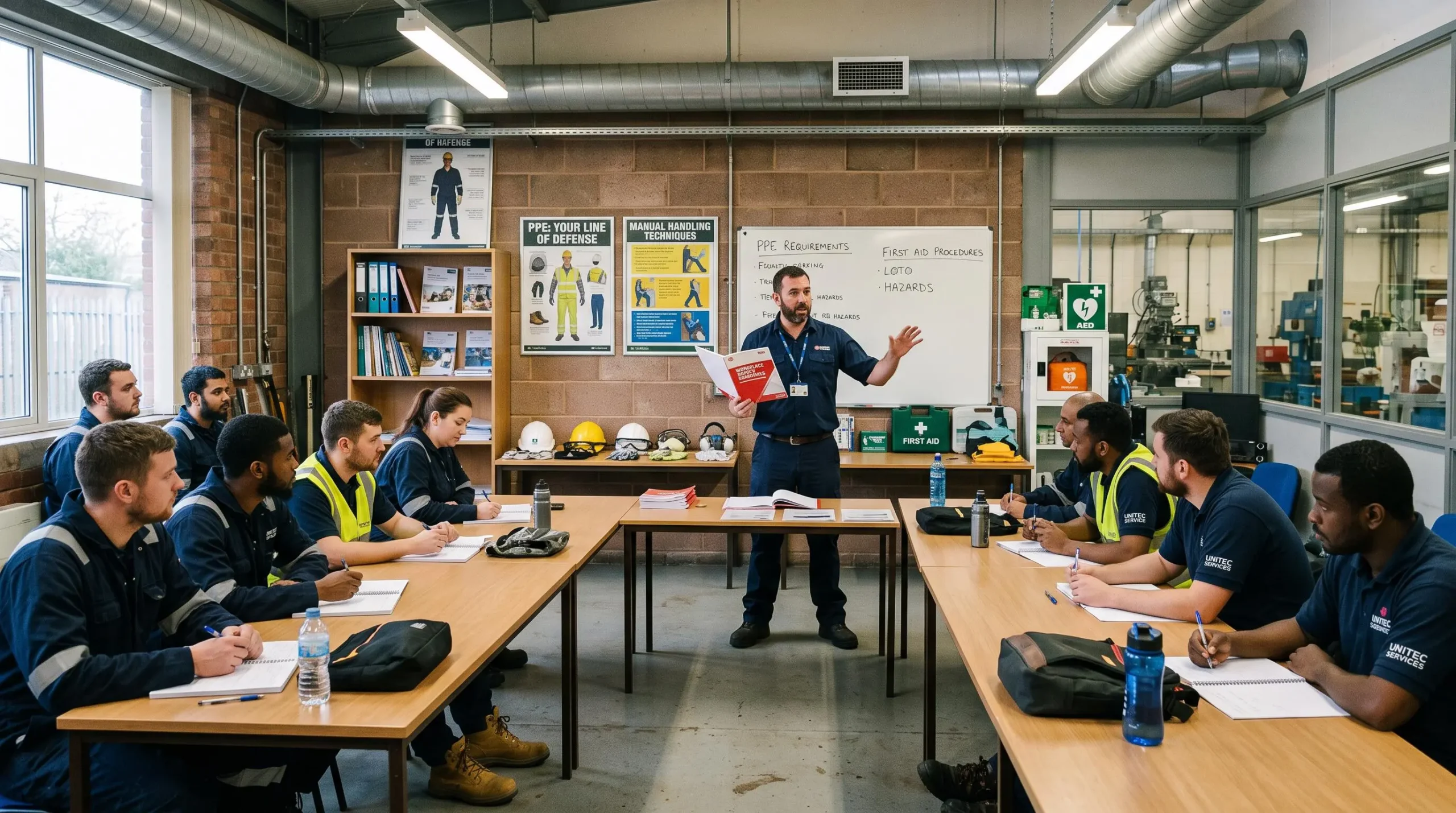 Formation SST en entreprise avec formateur présentant différents supports pédagogiques à des stagiaires en tenue de travail