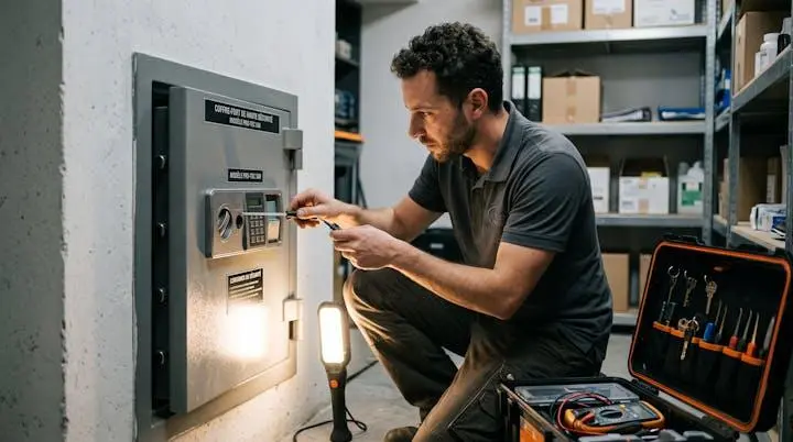 Technicien spécialisé en serrurerie en train de manipuler le panneau électronique d'un coffre-fort professionnel bloqué pour intervention de dépannage d'urgence