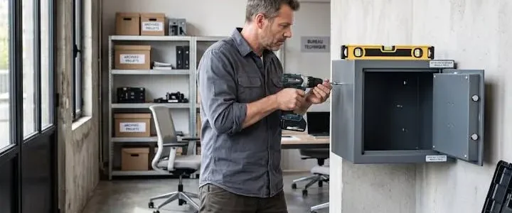 Technicien professionnel en train de fixer un coffre-fort mural dans un bureau contemporain, utilisant une perceuse et un niveau à bulle pour garantir une installation conforme